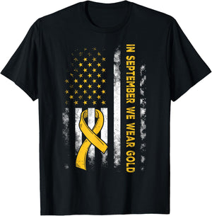 In September We Wear Gold Us Flag Childhood Cancer Awareness T-Shirt - T-Shirt | Black