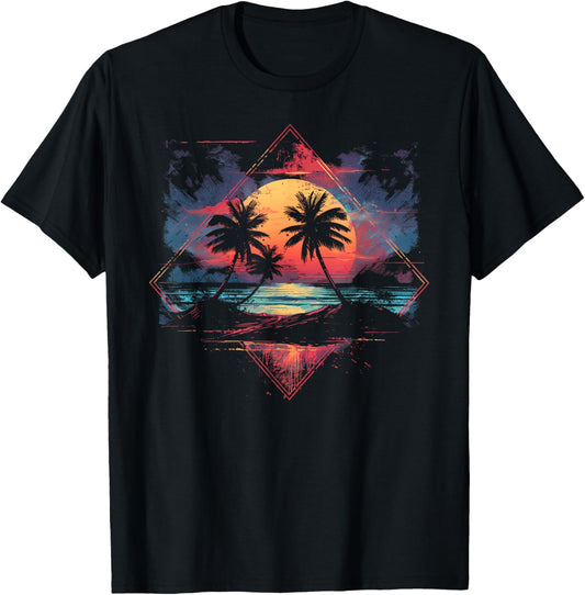 Synthwave 1980s 1990s Palm Trees Sunset Aesthetic Retrowave T-Shirt - T-Shirt | Black