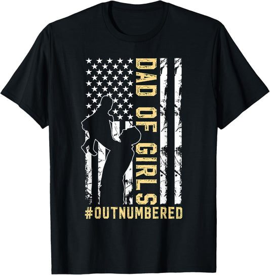 Dad of Girls Outnumbered American Flag Dad Holding Daughter T-Shirt - T-Shirt | Black