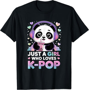 Just Girl Who Loves K-Pop Kawaii Panda Boba Music T-Shirt - T-Shirt | Black
