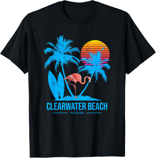 Clearwater beach. Flamingo and palm trees tropical sunset T-Shirt - T-Shirt | Black