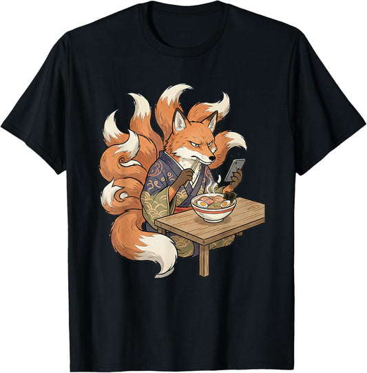 Nine Tailed Fox Kitsune Eating Ramen Bowl Anime Phone Scroll T-Shirt - T-Shirt | Black