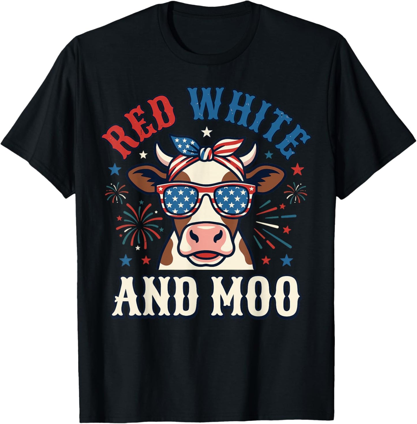 Red White and Moo Patriotic USA Flag Cow 4th of July T-Shirt - T-Shirt | Black