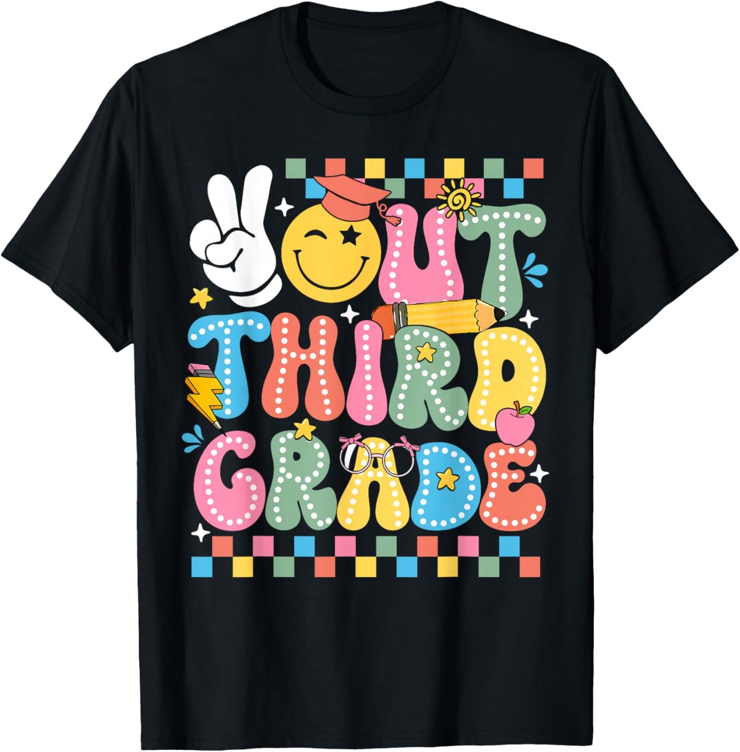 Peace Out 3rd Grade Hippie Smile Face Last Day School T-Shirt - T-Shirt | Black