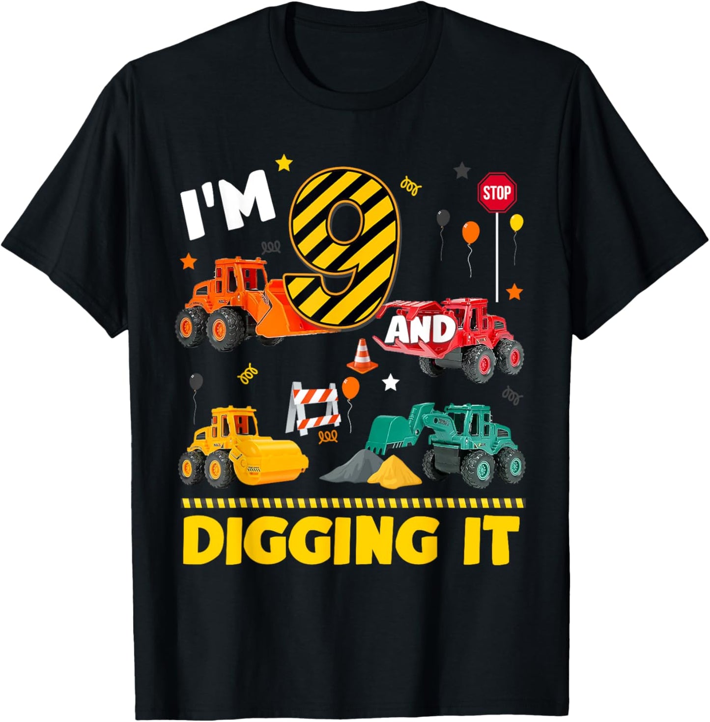 9th Birthday Construction Boy I'm 9 Years Old And Digging It T-Shirt - T-Shirt | Black