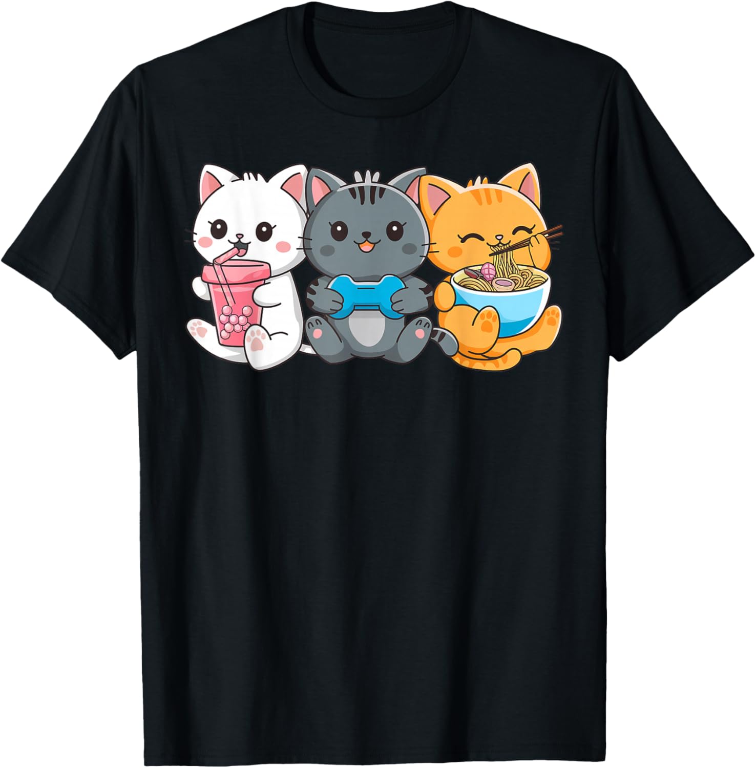Anime Cat Boba Tea Gaming Ramen Cats Gifts Women Kid T-Shirt - T-Shirt | Black