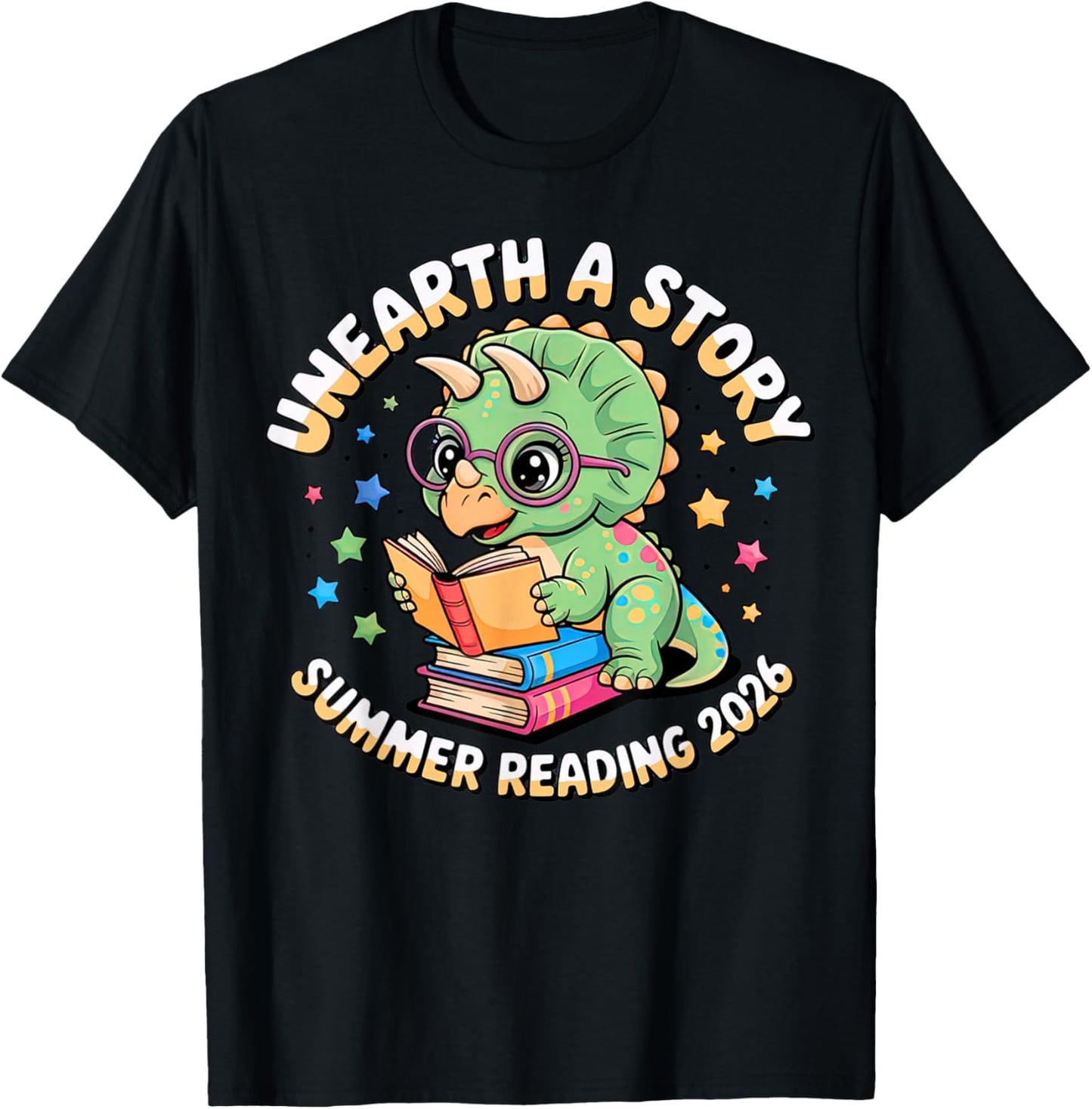 Dino Reading Books Unearth a Story Summer Reading Dinosaur T-Shirt - T-Shirt | Black