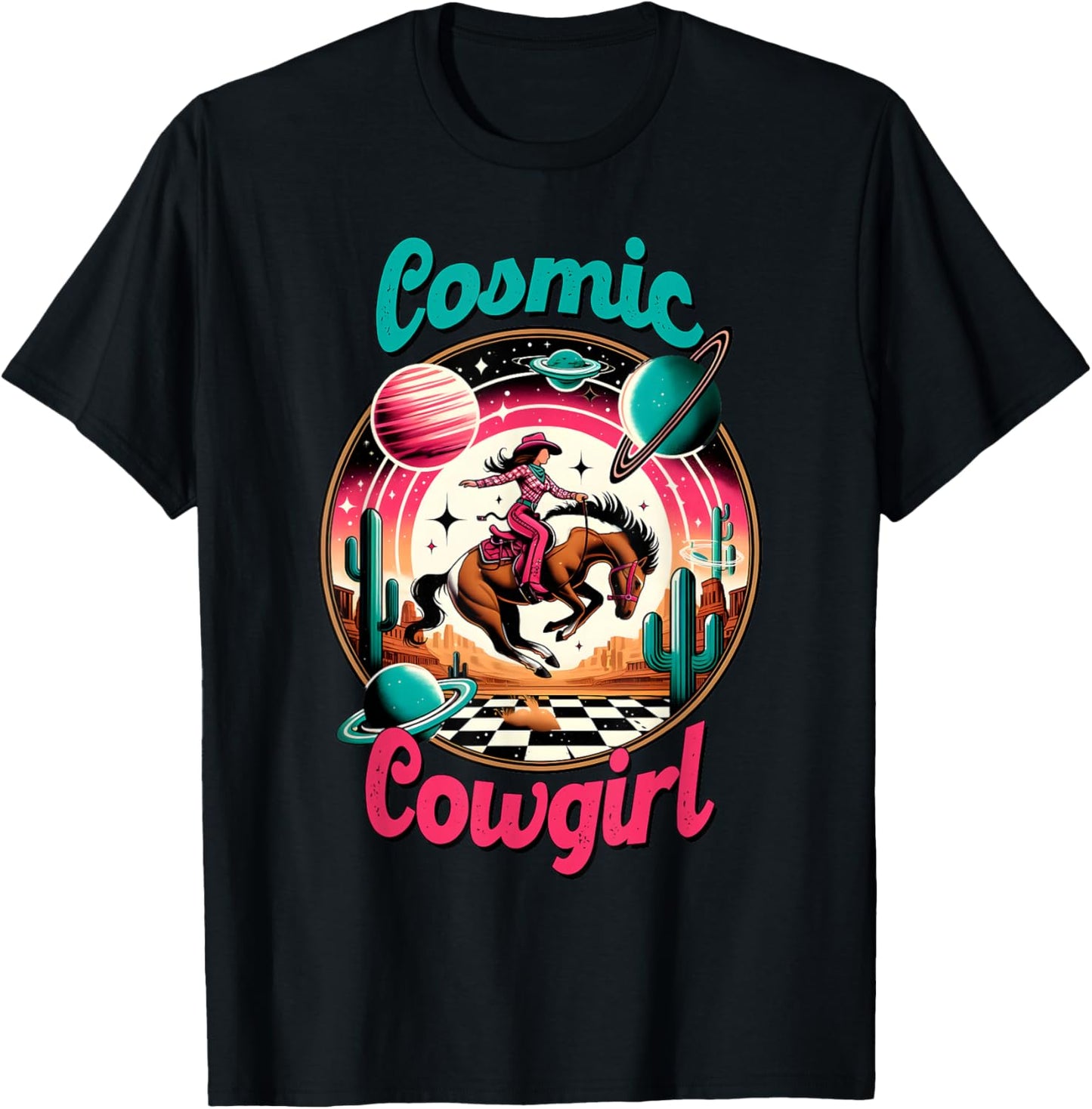 Cosmic Cowgirl Retro Astronaut Planets Outer Space Sci Fi T-Shirt - T-Shirt | Black