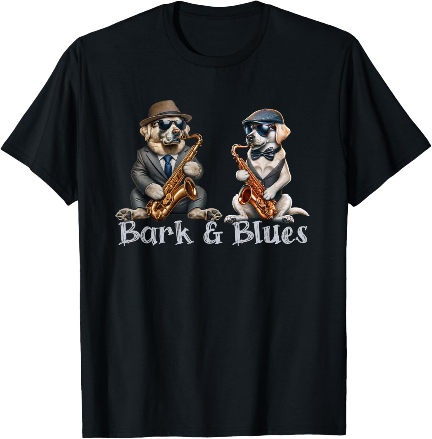 Funny Dogs Playing Saxophone Barks and Blues Jazz Lover T-Shirt - T-Shirt | Black