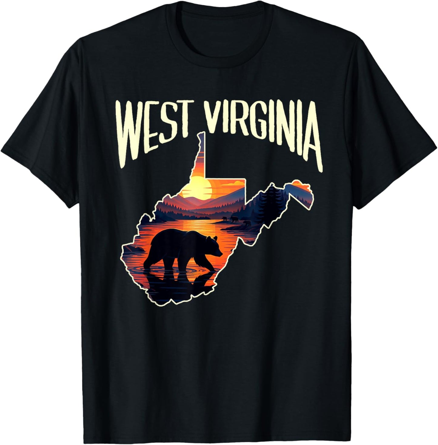 West Virginia State Map Traveling Souvenir Black Bear Sunset T-Shirt - T-Shirt | Black