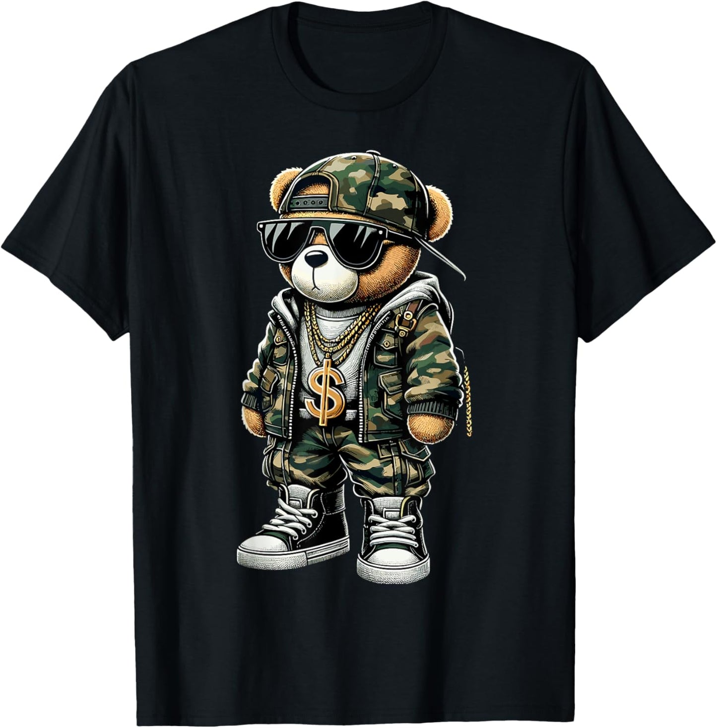 Camo Hip Hop Teddy Bear Camouflage T-Shirt - T-Shirt | Black