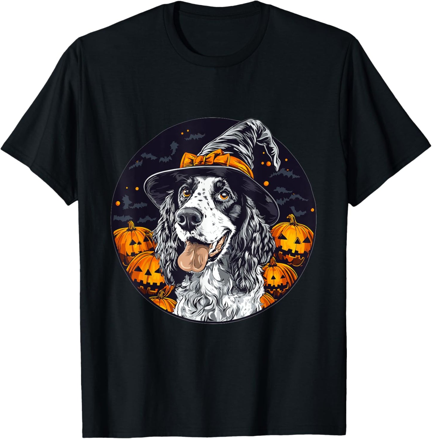 English Setter Dog Whitch Hat Halloween Pumpkin Spooky Happy T-Shirt - T-Shirt | Black