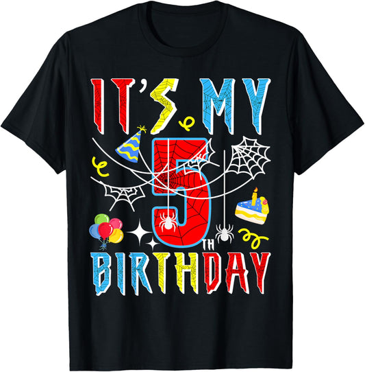 5th Birthday Spider Web Kids Boys 5th Birthday Spider-Themed T-Shirt - T-Shirt | Black