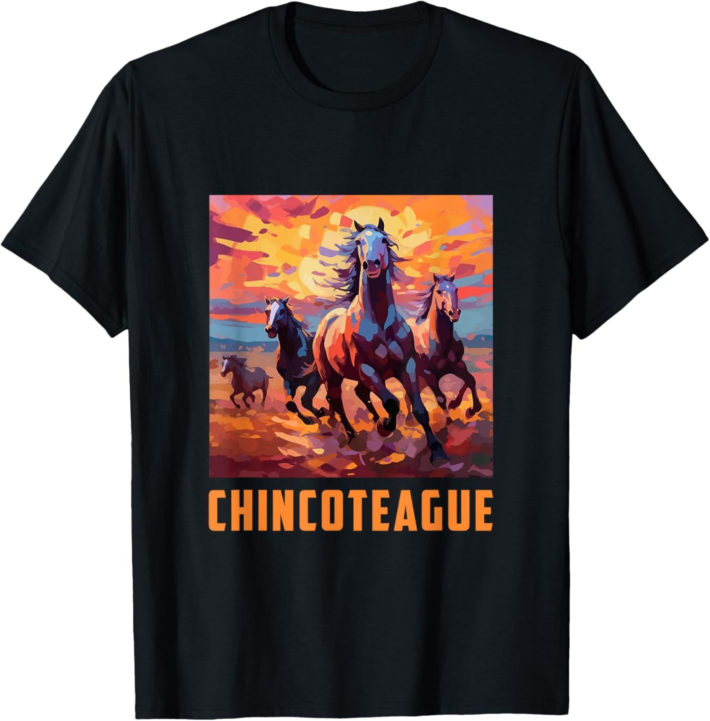 Colorful Watercolor Wild Horse Graphic Chincoteague Virginia T-Shirt - T-Shirt | Black