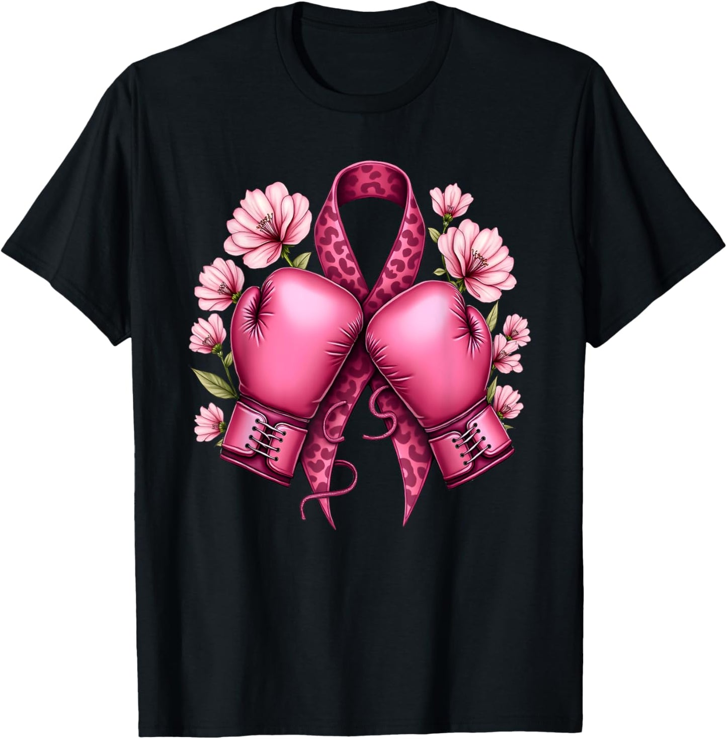 Leo Print Pink Ribbon Boxing Gloves Breast Cancer Awareness T-Shirt - T-Shirt | Black