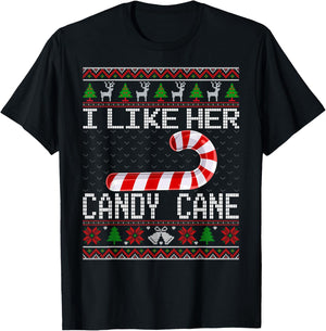 I Like His Candy Cane Girlfriend Ugly Christmas Sweater Xmas T-Shirt - T-Shirt | Black