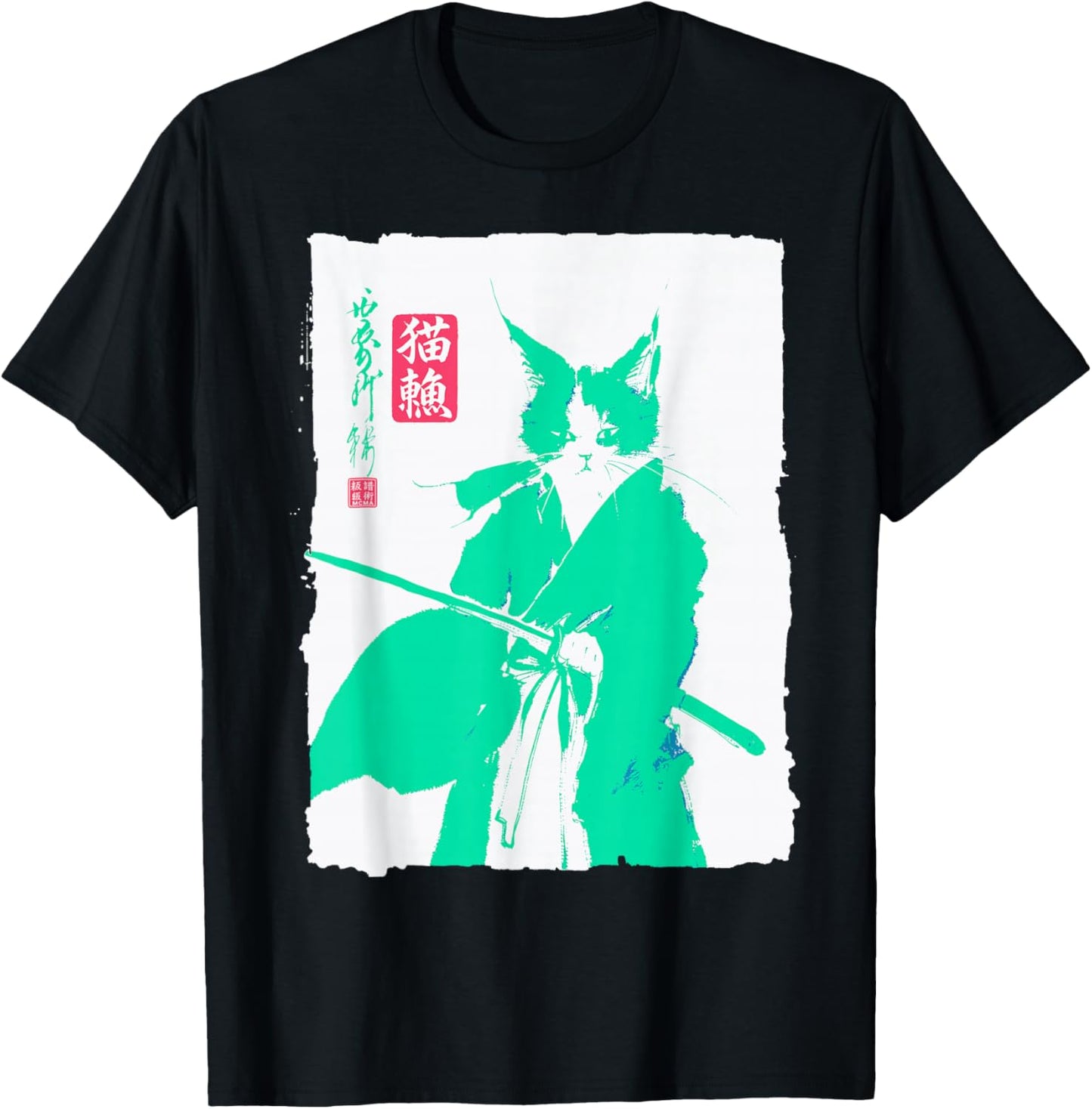 Samurai Cat Japanese Art Funny Anime Manga Graphic T-Shirt - T-Shirt | Black