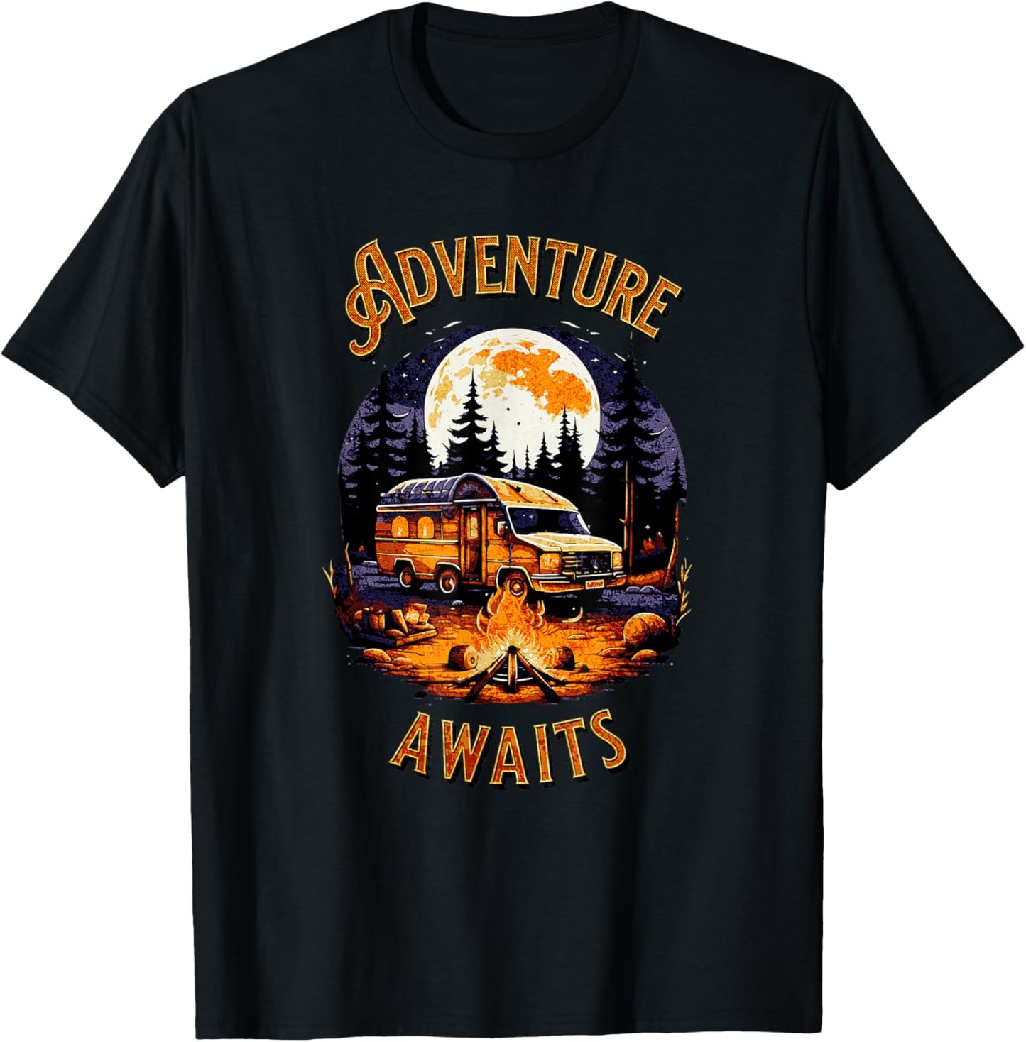 Adventure Awaits RV Camper Van Moonlight Camping Scene T-Shirt - T-Shirt | Black