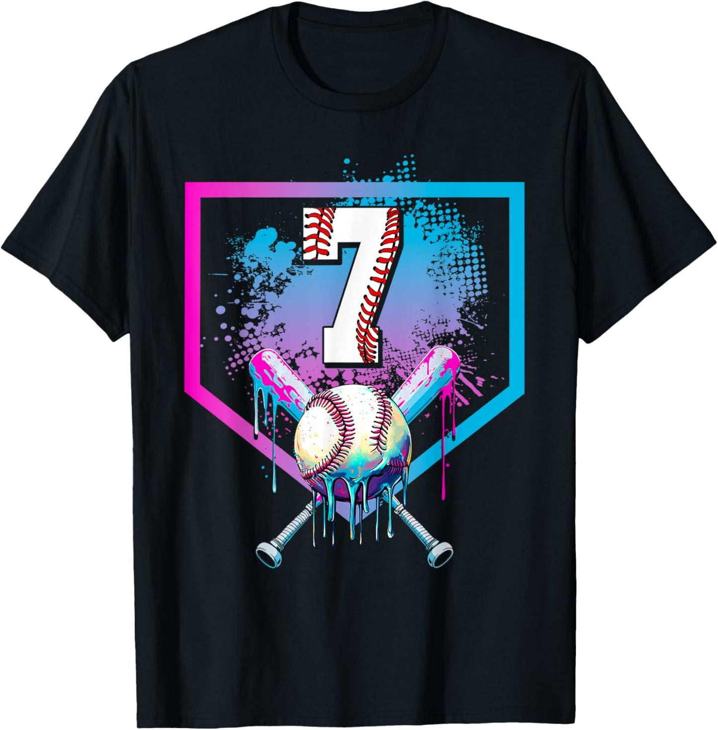 Baseball Drip 7th Birthday Home Plate Boys Youth 7 Year Old T-Shirt - T-Shirt | Black