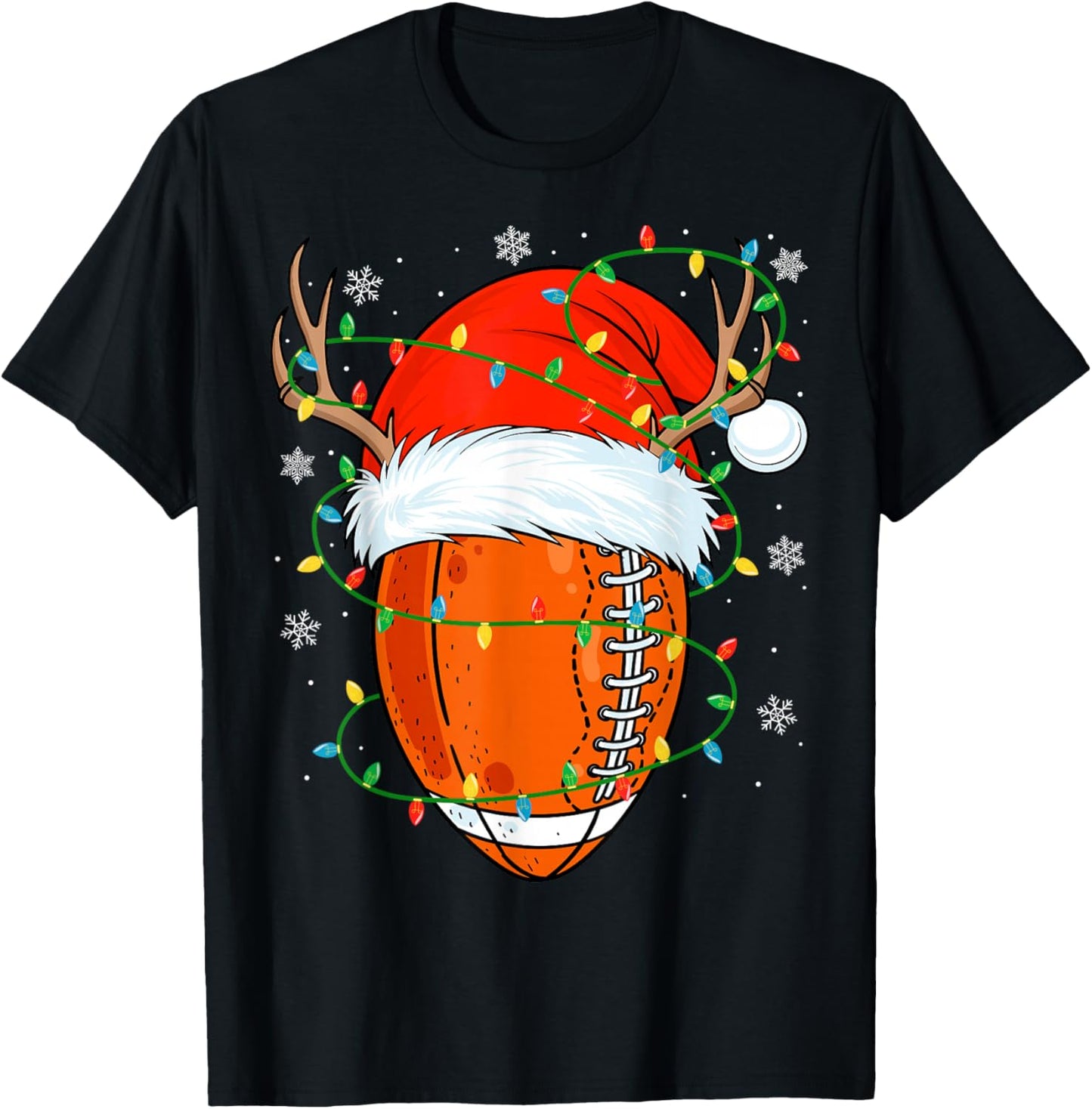Santa Football Ball Xmas Lights Christmas Football Player T-Shirt - T-Shirt | Black