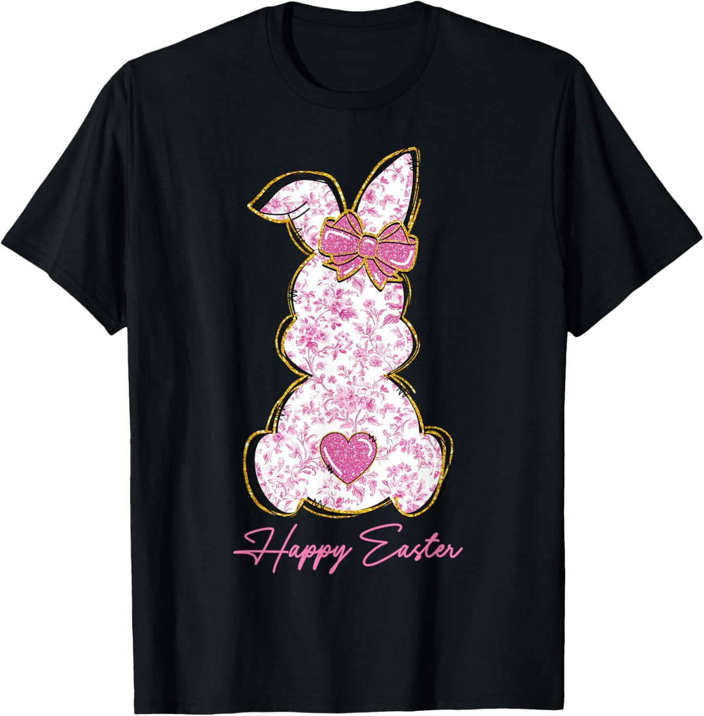 Happy Easter Bunny Girls Easter Women Pink Floral Coquette T-Shirt - T-Shirt | Black