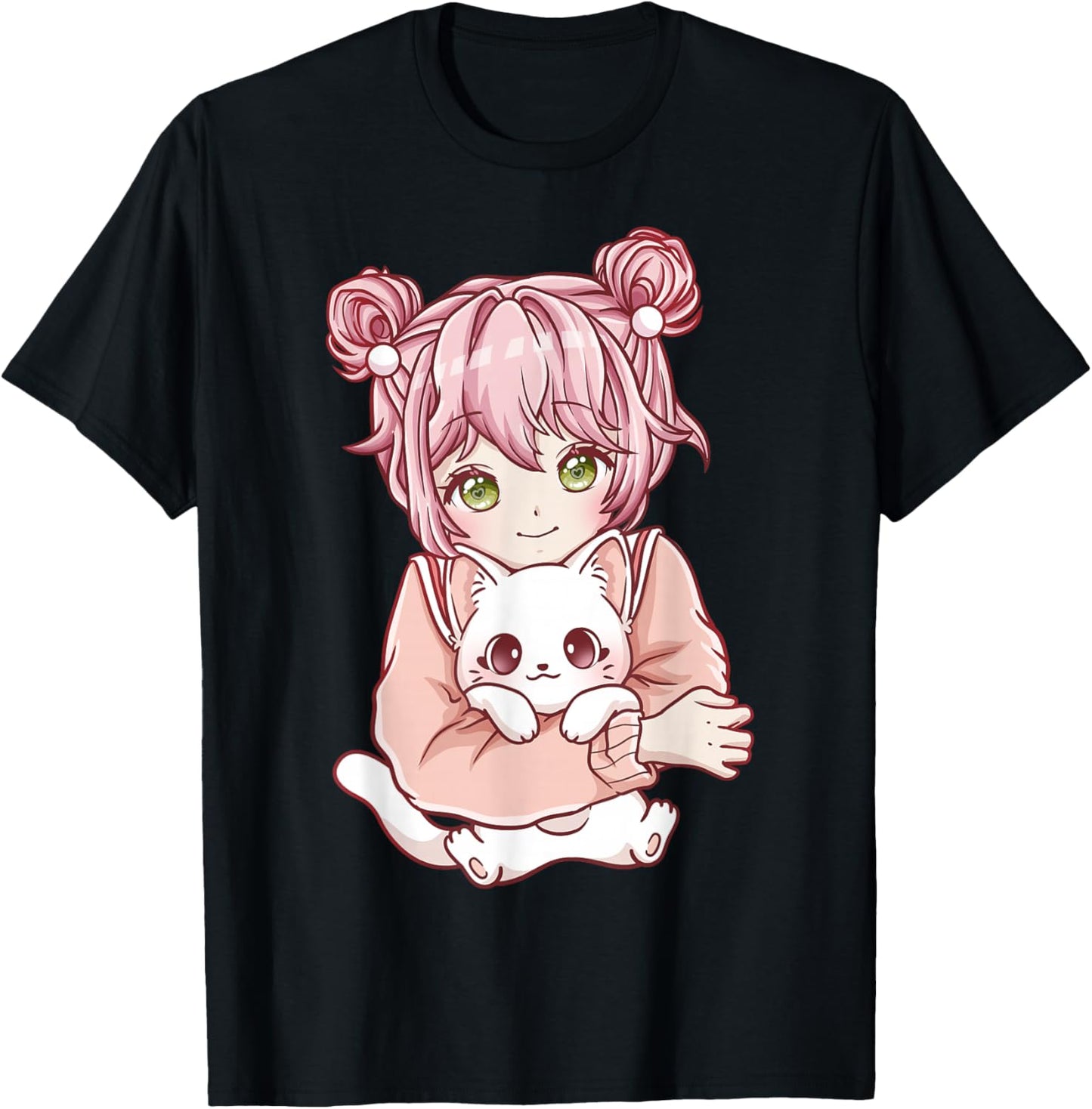 Anime Girl Cat Cats Kawaii T-Shirt - T-Shirt | Black