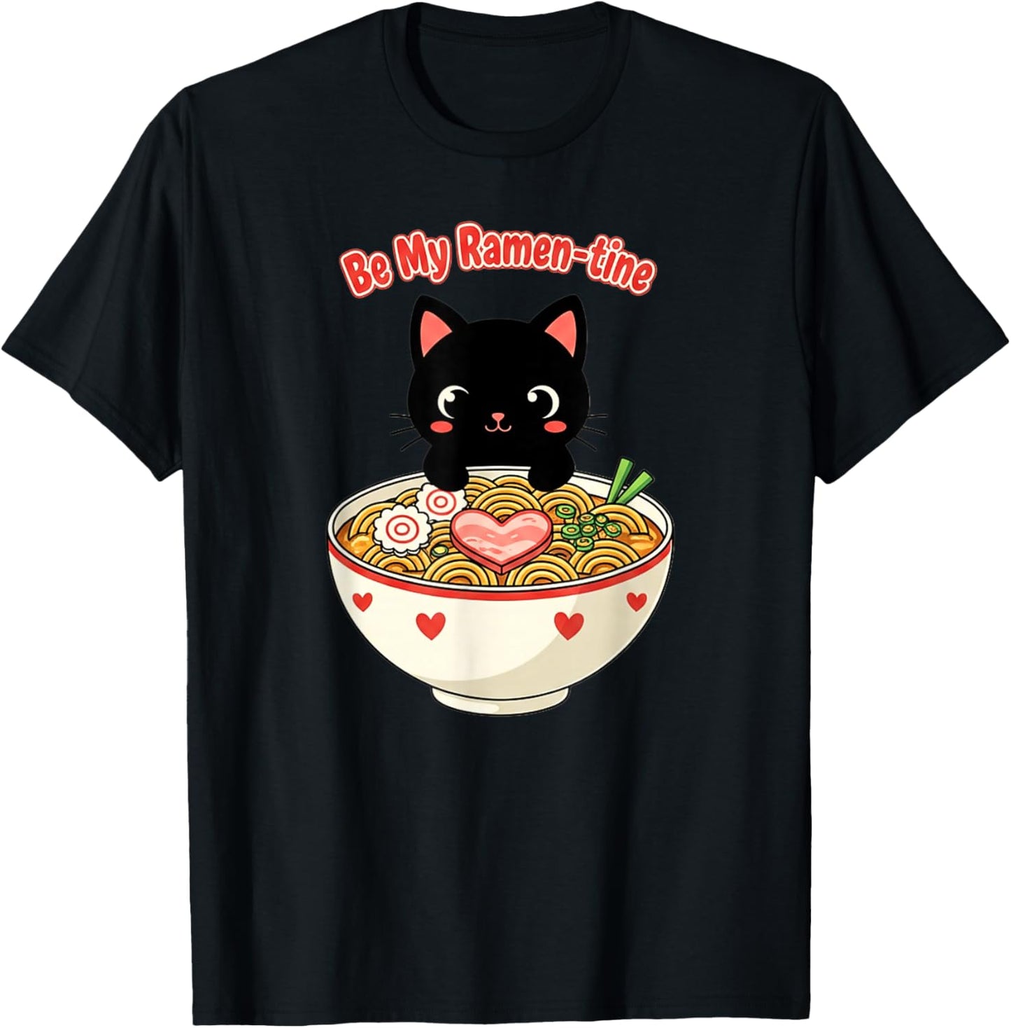 Cat Eating Ramen Cute Valentine's Day Japanese T-Shirt - T-Shirt | Black