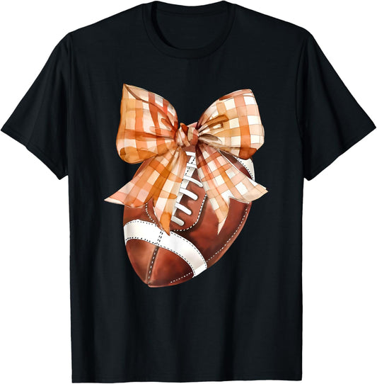 Coquette Bow American Football Autumn Thanksgiving Game Day T-Shirt - T-Shirt | Black