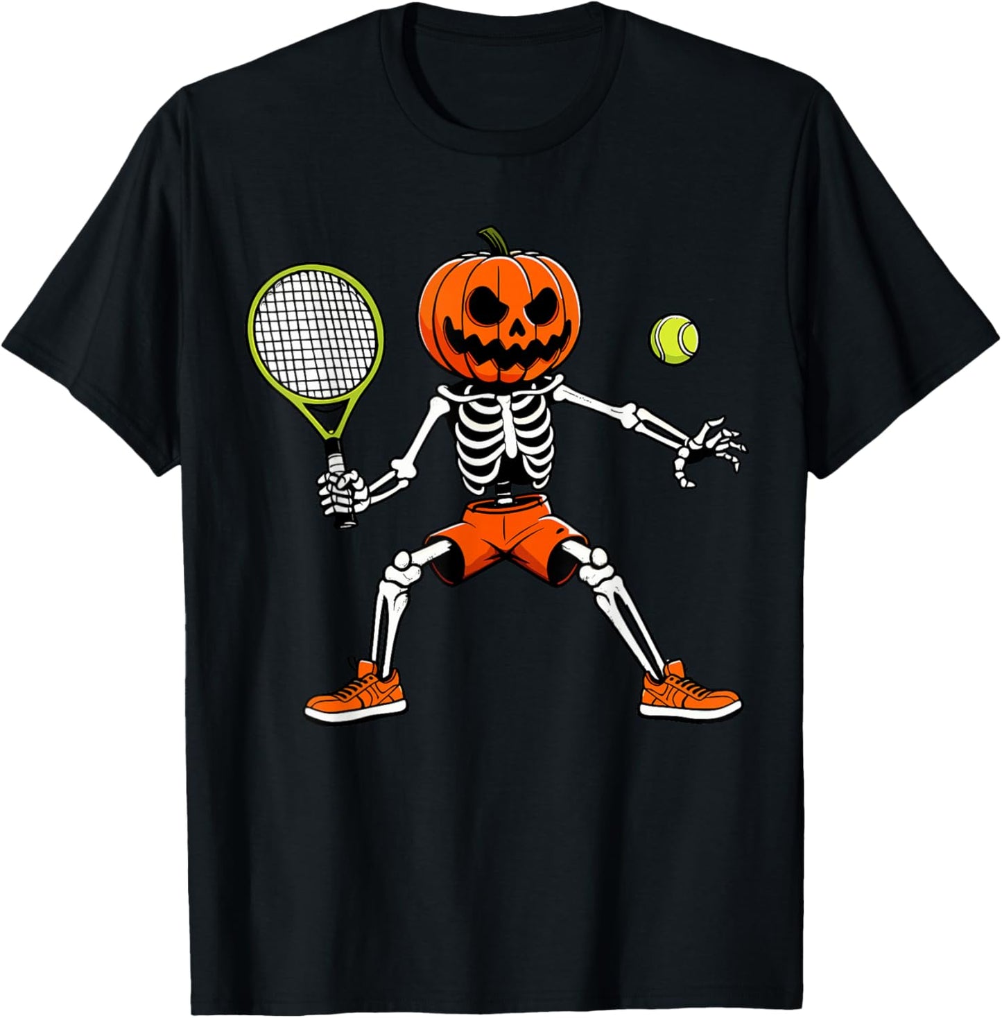 Halloween Tennis Pumpkin Head Skeleton Tennis Halloween T-Shirt - T-Shirt | Black
