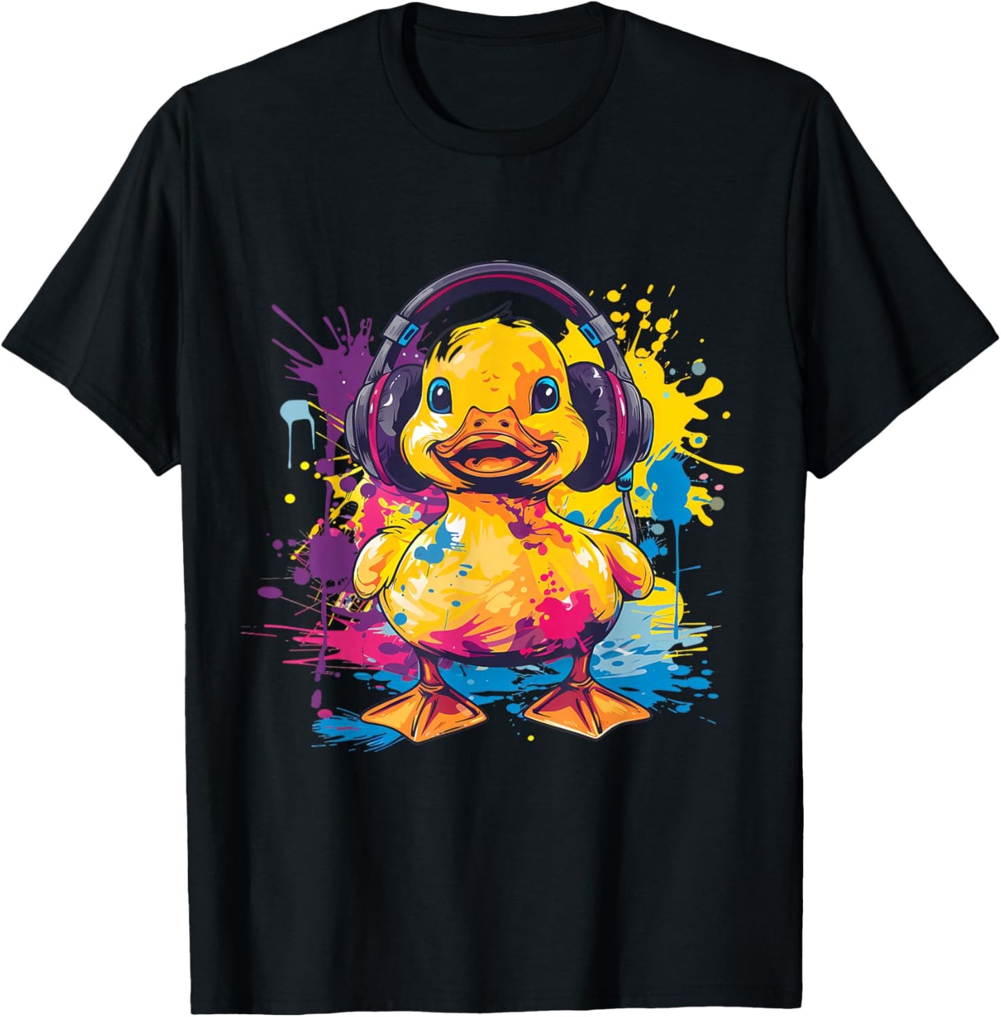 Rubber Duck Music Headphones Rubber Duckling Watercolor T-Shirt - T-Shirt | Black
