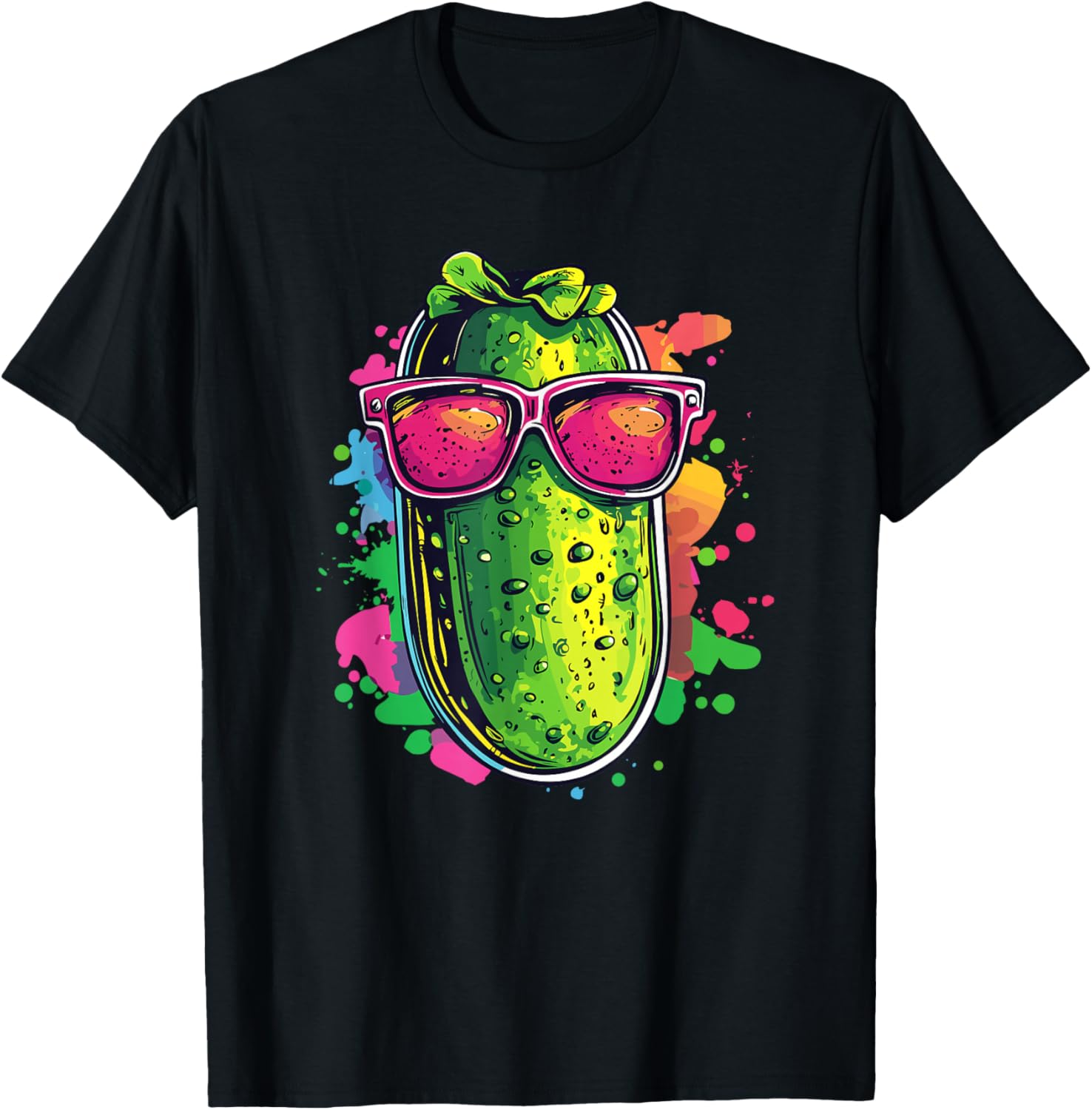 Funny Cool Pickle with Sunglasses Splash Colors T-Shirt - T-Shirt | Black