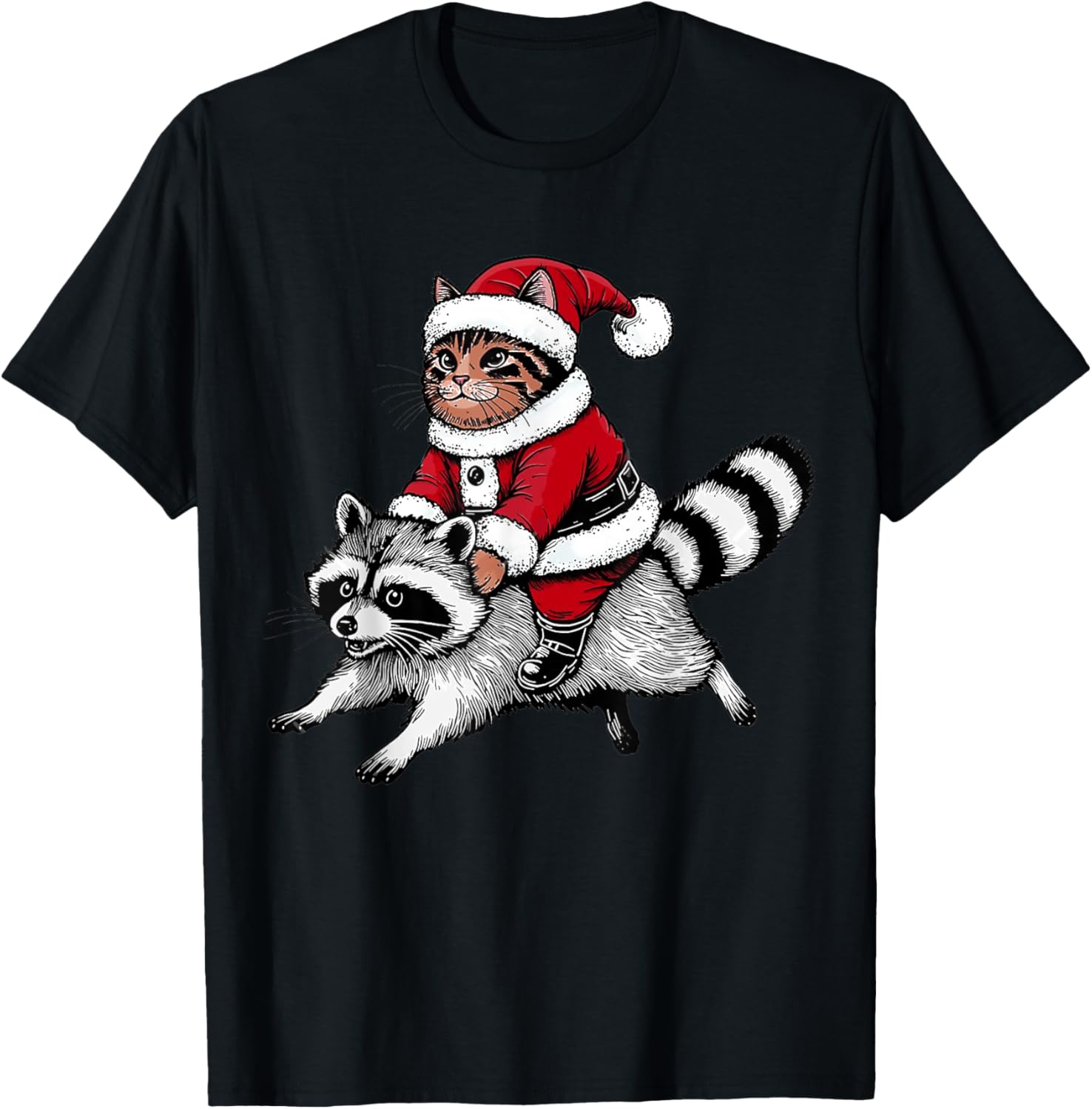 Santa Cat Riding A Raccoon Christmas Men Women Kids T-Shirt - T-Shirt | Black