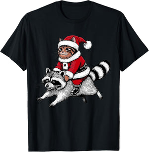 Santa Cat Riding A Raccoon Christmas Men Women Kids T-Shirt - T-Shirt | Black