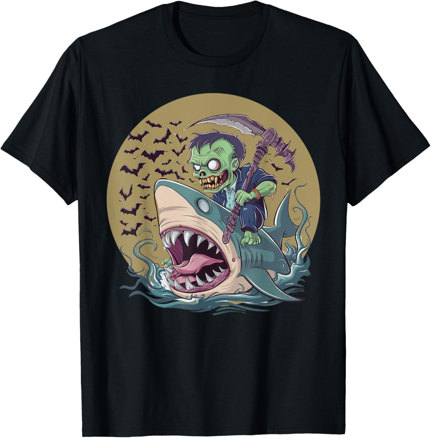 Funny Halloween Zombie Riding Shark Men Women Kid Girls Boys T-Shirt - T-Shirt | Black