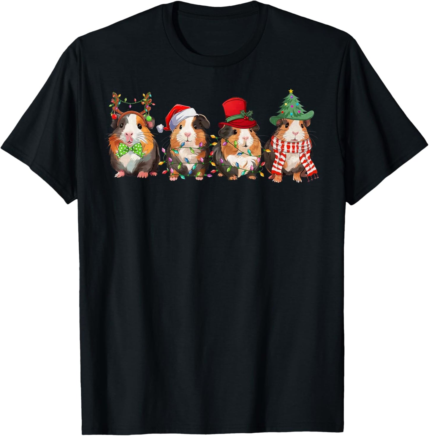 Merry Pigmas Cute Santa Guinea Pig Squad Christmas Lights T-Shirt - T-Shirt | Black