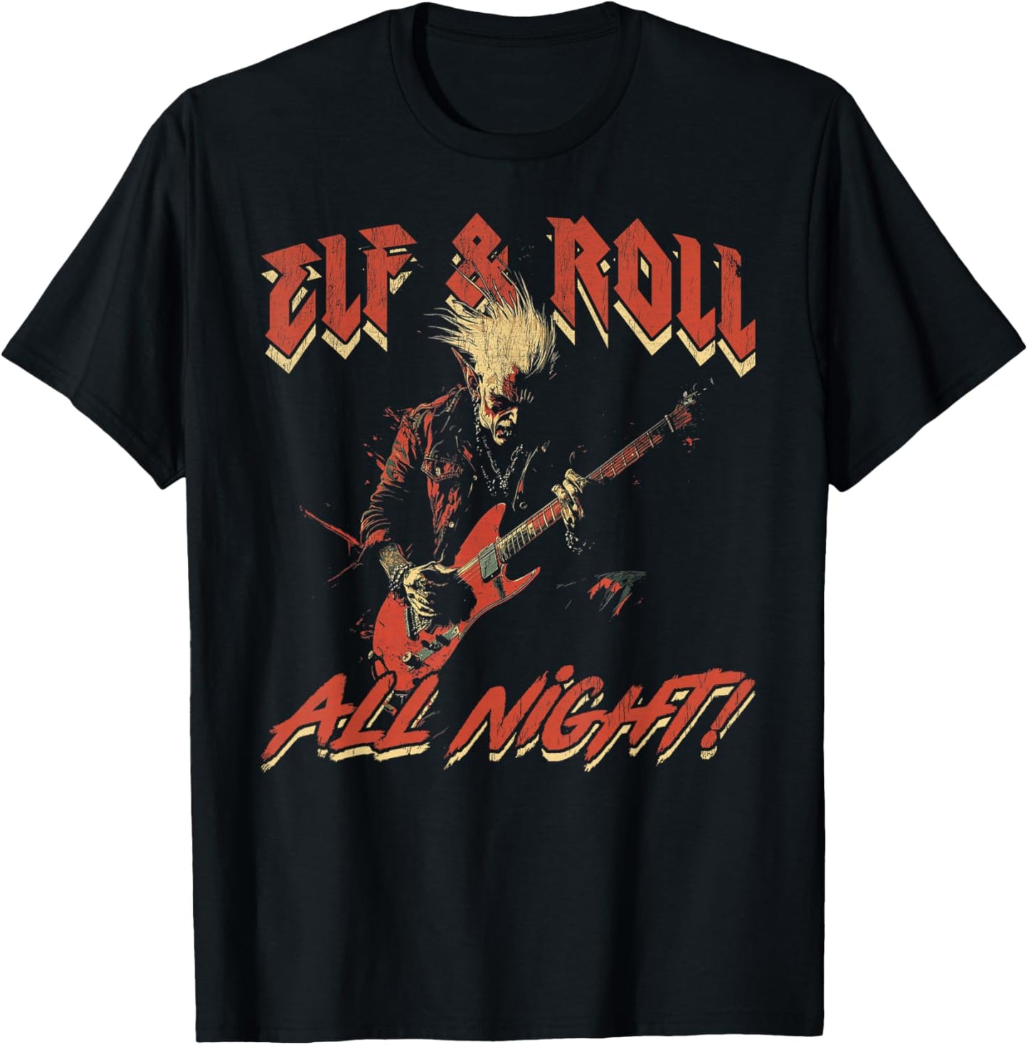 Elf & Roll All Night Rockin' Christmas Elf Music T-Shirt - T-Shirt | Black