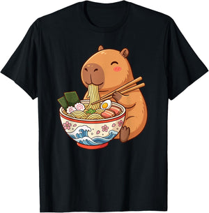 Adorable Capybara Eating Ramen Kawaii Design for Kids T-Shirt - T-Shirt | Black