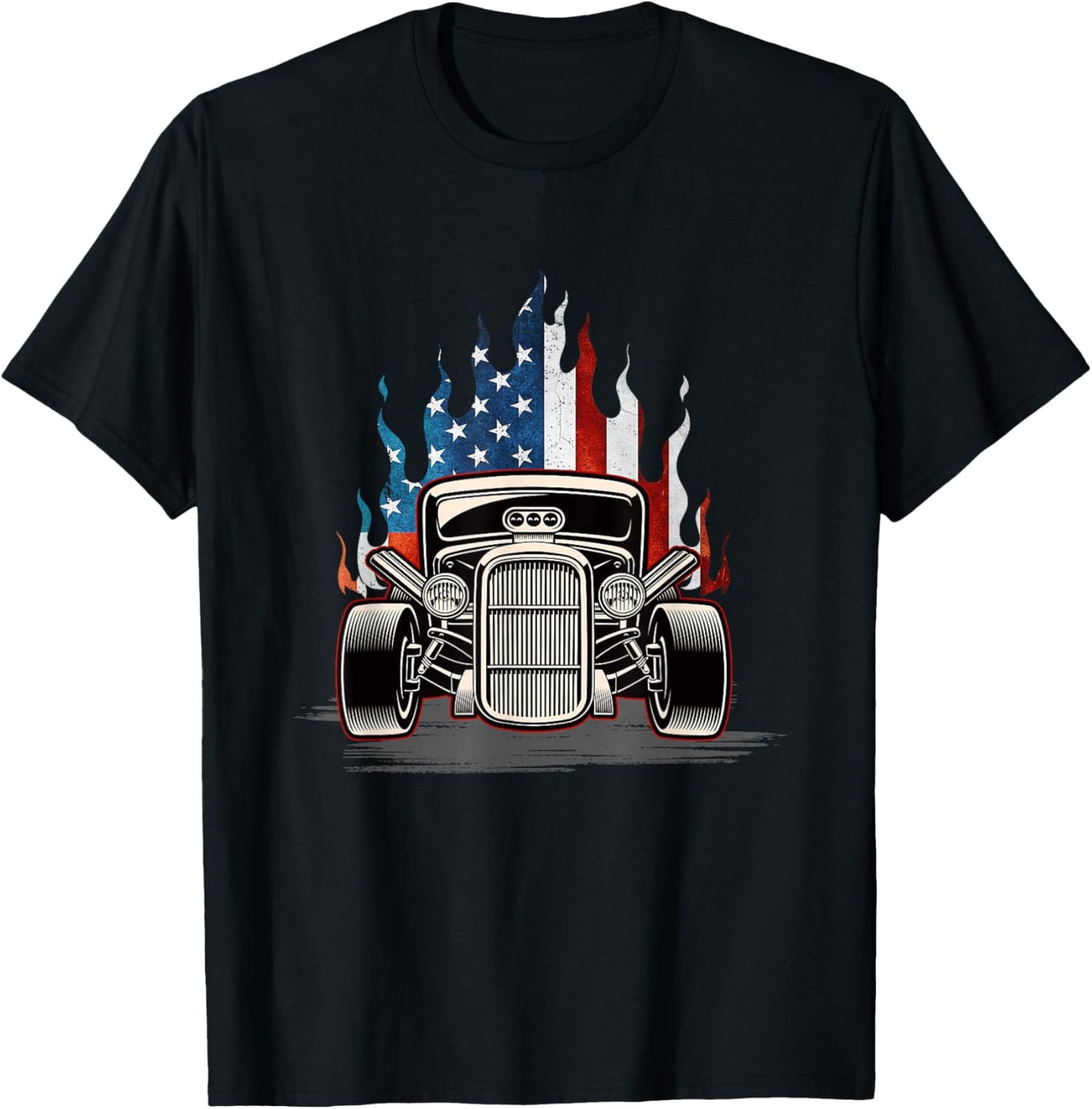 American Flag Vintage Hot Rod Veteran Memorial Day July 4 T-Shirt - T-Shirt | Black