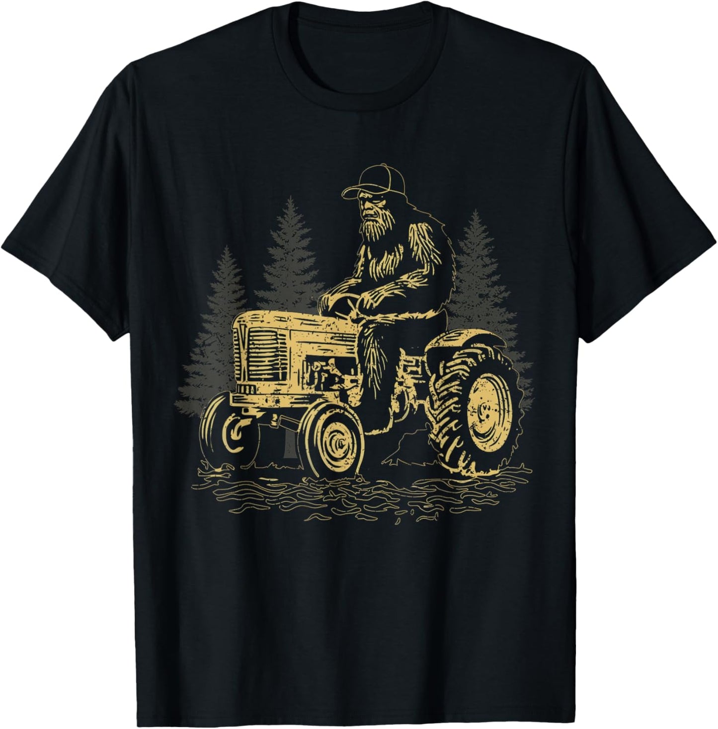 Bigfoot Farmer Riding Tractor Sasquatch Farming Dad Retro T-Shirt - T-Shirt | Black