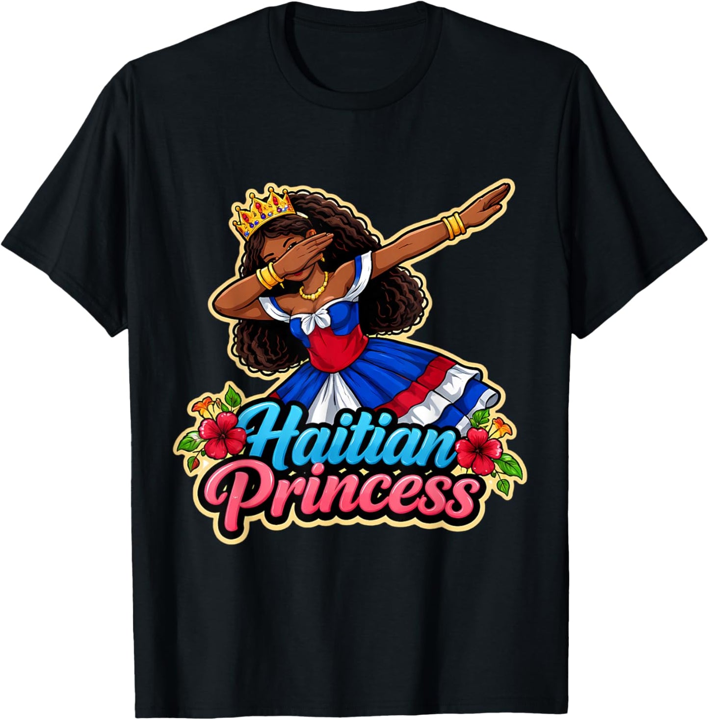 Haitian Princess Girl Haiti Flag Day Proud Woman Cute Floral T-Shirt - T-Shirt | Black