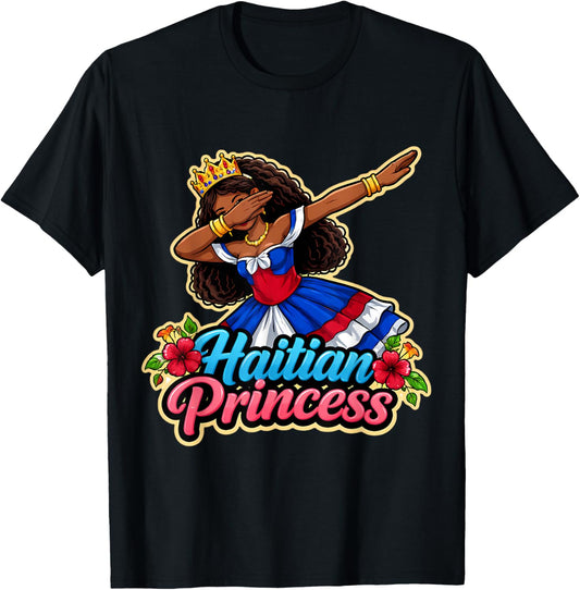 Haitian Princess Girl Haiti Flag Day Proud Woman Cute Floral T-Shirt - T-Shirt | Black