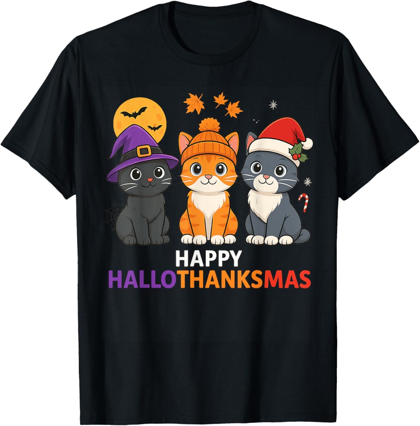 Cat Halloween Christmas Happy Hallothanksmas Thanksgiving T-Shirt - T-Shirt | Black