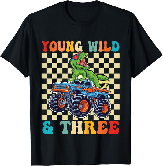 3rd Birthday Monster Truck Young Wild and Three 3 Year Old T-Shirt - T-Shirt | Black