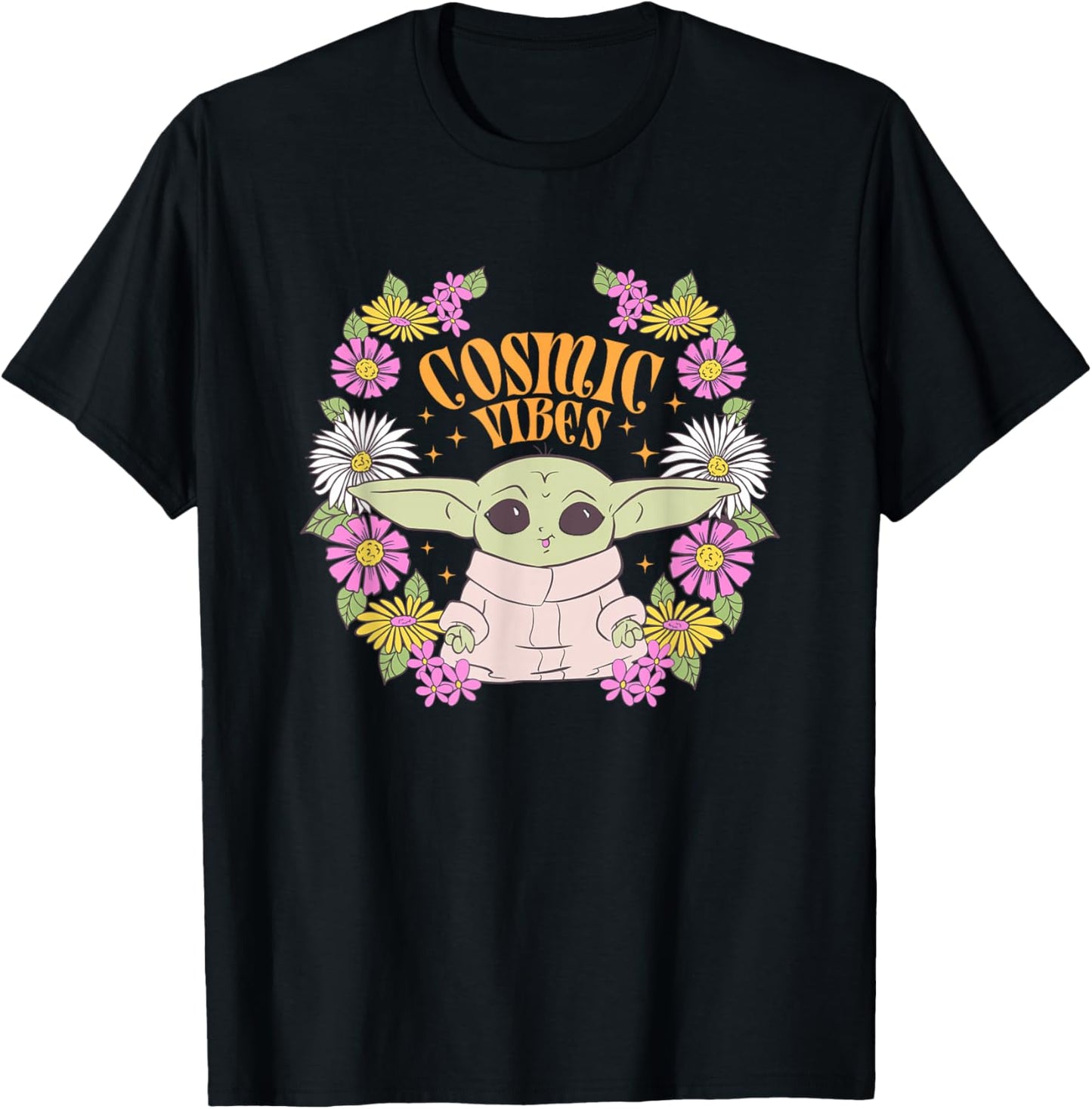 Star Wars The Mandalorian Grogu Cosmic Vibes Floral T-Shirt - T-Shirt | Black