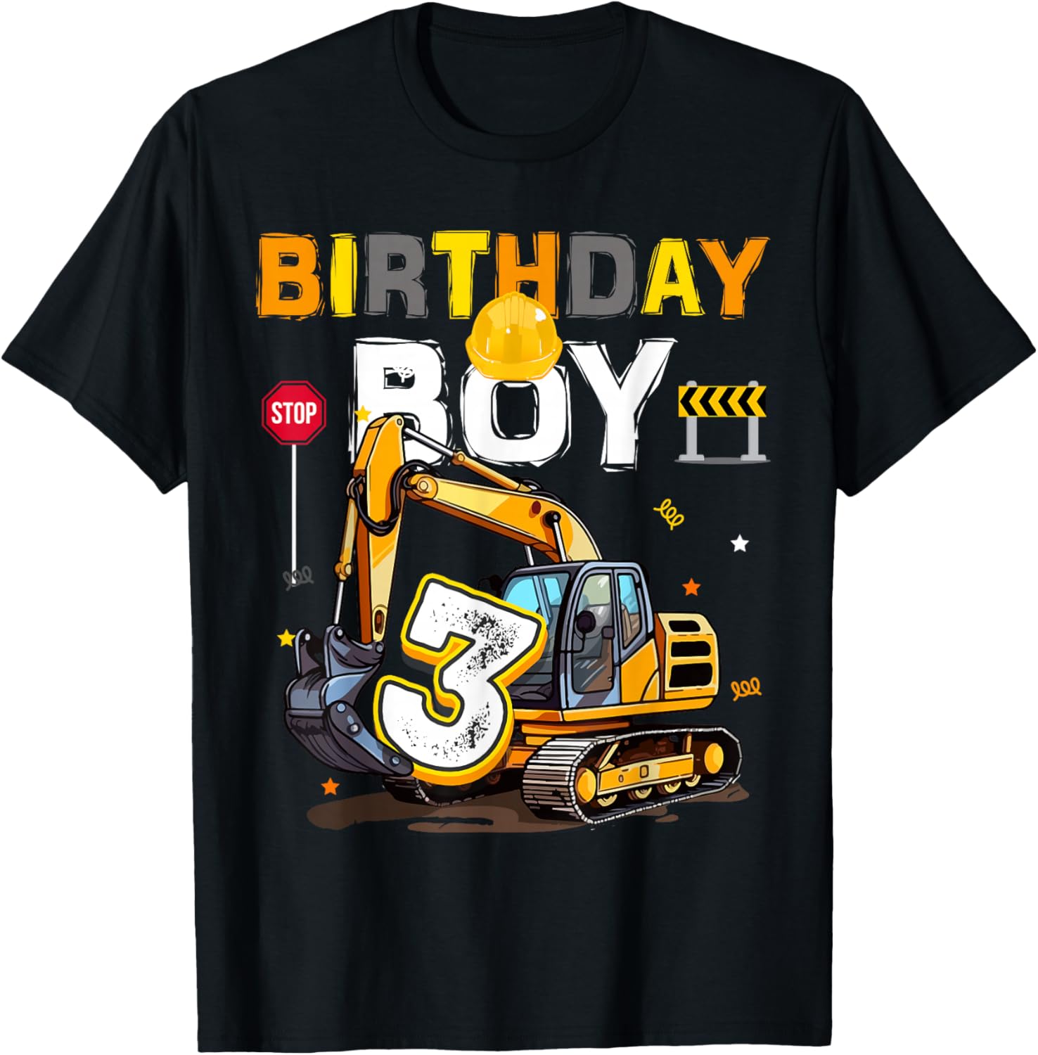 3rd Birthday Boy 3 Years Old Excavator Three Decorations T-Shirt - T-Shirt | Black
