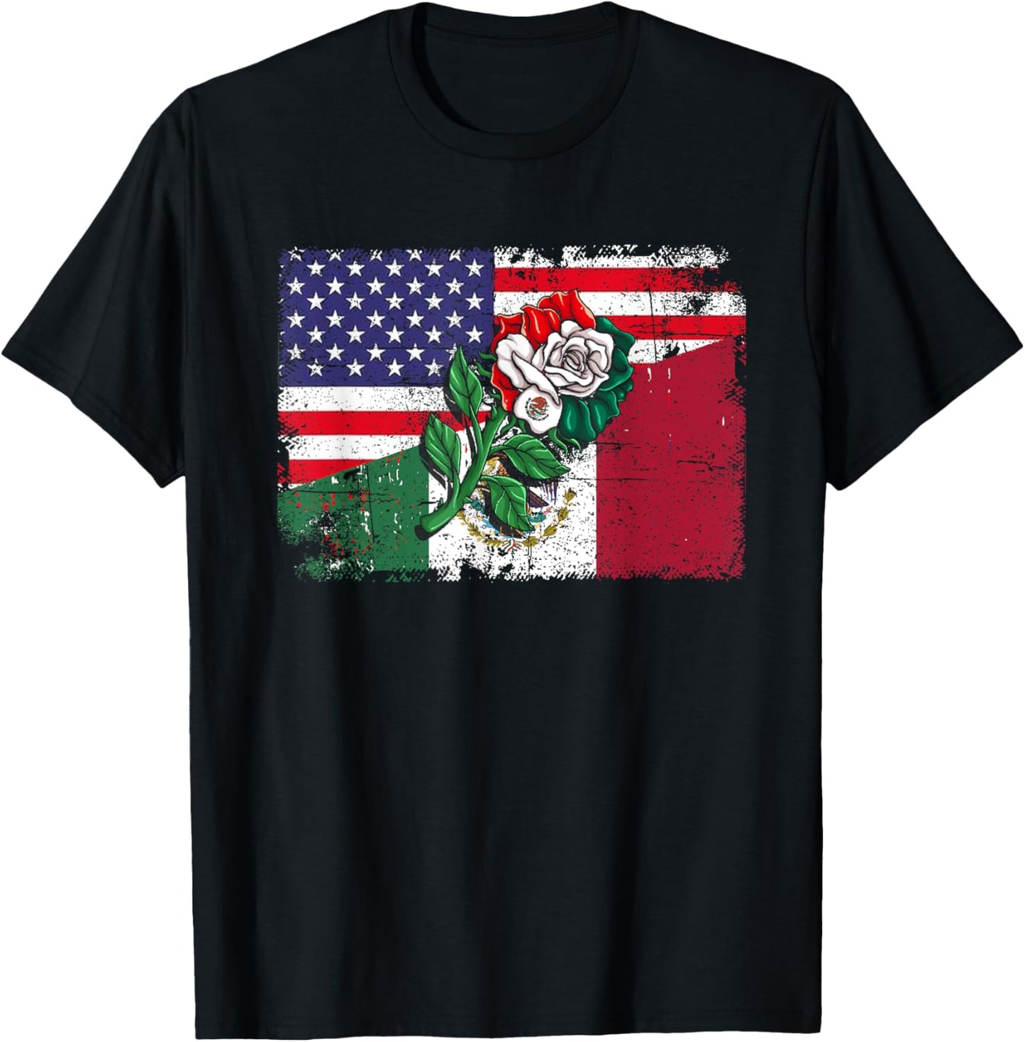 Mexico US Flag Mexican Flag American Flag Rose Kids Men T-Shirt - T-Shirt | Black