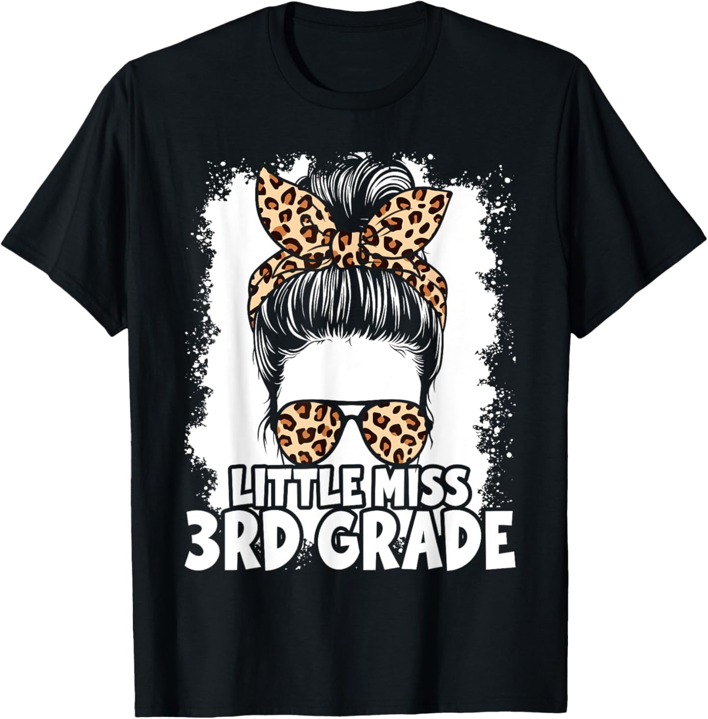 Hello 3rd Grade Messy Hair Bun Girl Leopard Back To School T-Shirt - T-Shirt | Black