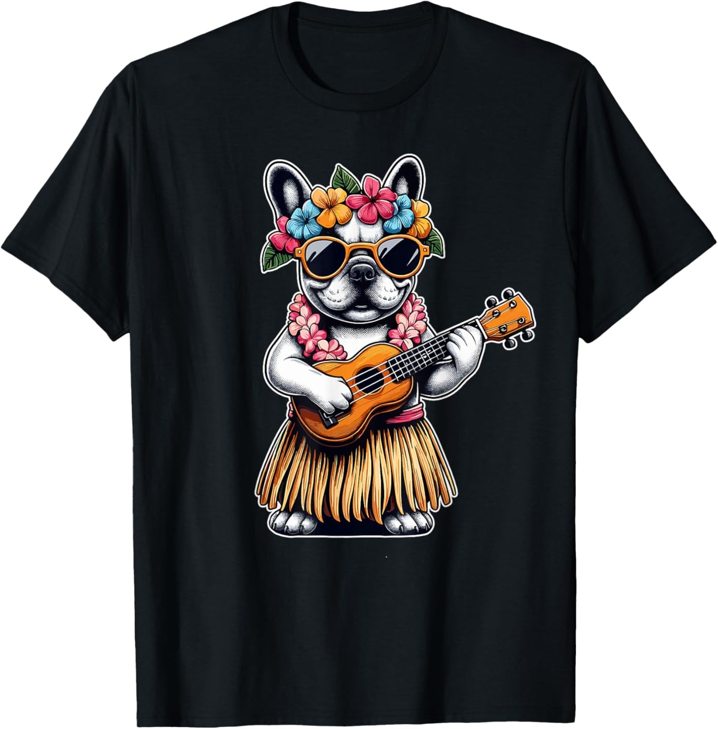 Hula Bulldog French Bulldog Ukulele Hawaiian Women Kids T-Shirt - T-Shirt | Black