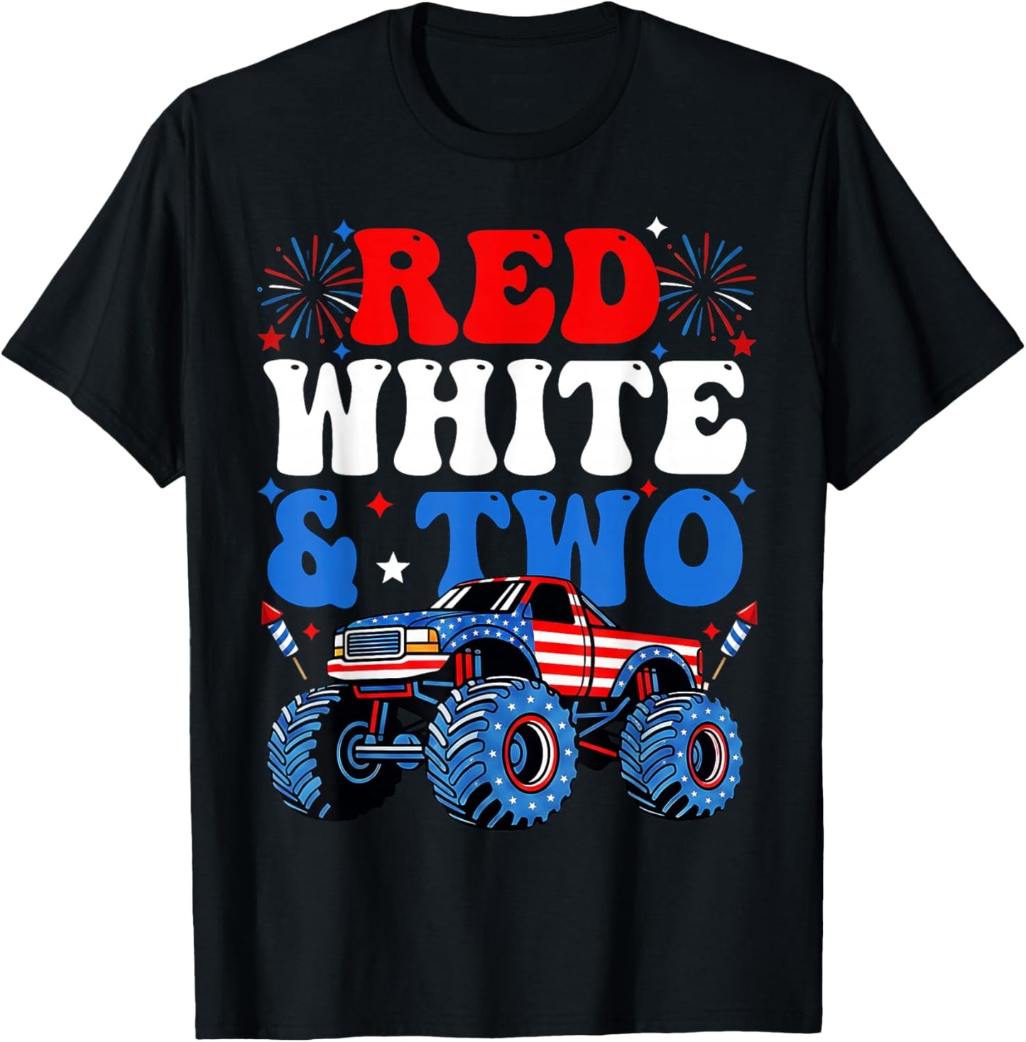 2nd Birthday Boy Monster Truck Red White and Two 4th of July T-Shirt - T-Shirt | Black