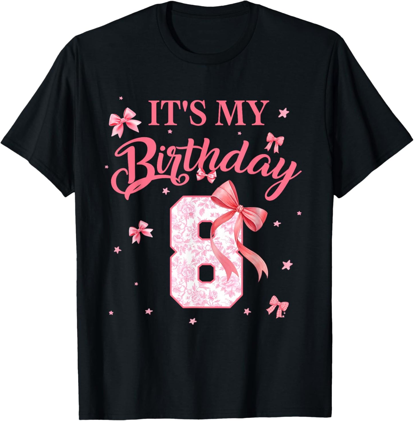 It's My 8th Birthday Girl Floral Coquette Bow 8 Year Old T-Shirt - T-Shirt | Black
